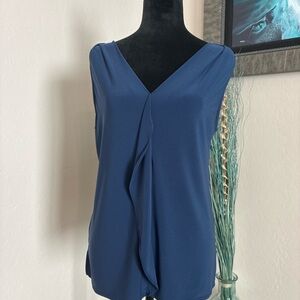 Roz & Ali Blue Sleeveless V-Neck Blouse Draped Front Women’s Medium